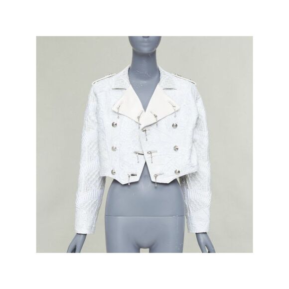 LOUIS VUITTON Jackets & Blazers - LOUIS VUITTON 2020 Runway ivory silver brocade military crop biker jacket FR36 S